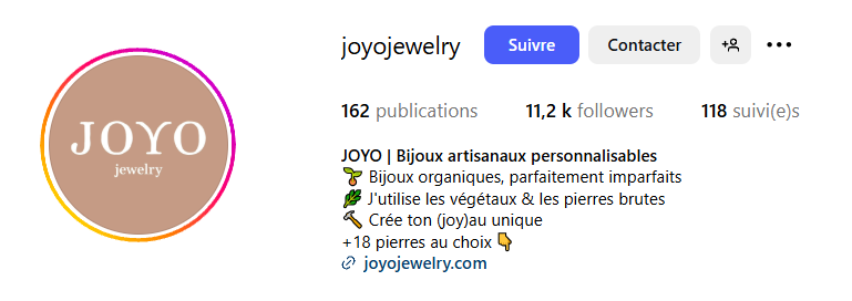 Biographie Instagram marque de bijoux Joyo